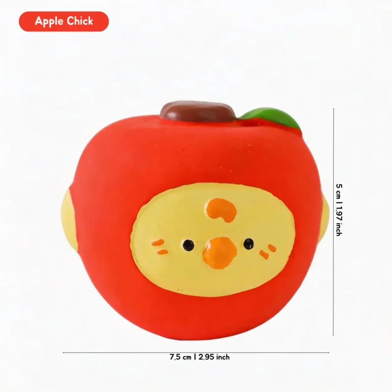 Apple Chick Fruitie Friends Squeaky Dental Chew Toy for Small Dogs in a red apple chick shape