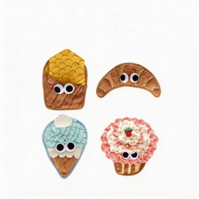 Bakery Bites snuffle Foraging Mats Dessert Dog Toys Bakery Bites Snuffle Foraging Mats featuring egg waffle, croissant, soft serve, and strawberry cupcake designs for dog enrichment and slow feeding.
