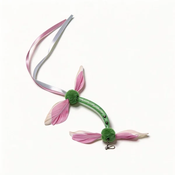 Leaf Bloom and Leaf Spring Cat Wand Replacement with pink leaf feathers, green plush accents, ribbons, and clip