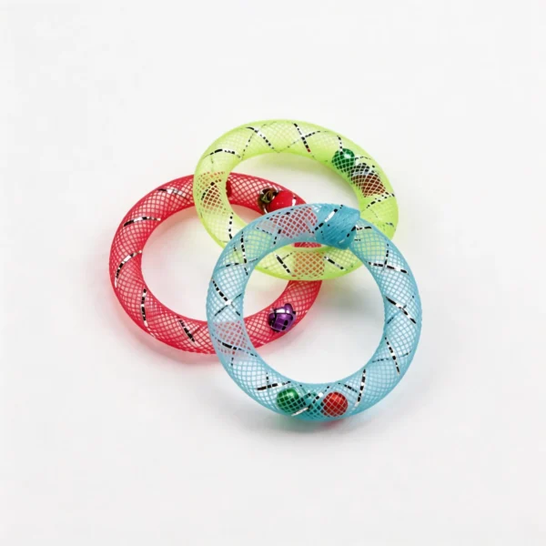 Three Cat Safe Hair Tie Alternative Jingle Mesh Ring Toys in Sky Blue, Raspberry Red, and Lime Green with mesh texture and bells