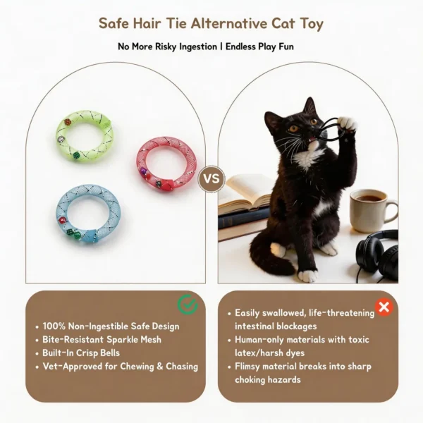 Cat Safe Hair Tie Alternative Jingle Mesh Ring Toy comparison graphic showing mesh ring toys as a safer option than loose hair ties