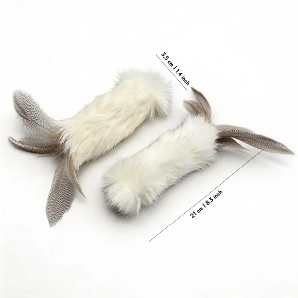 Cream White Chirp Bunny Scent Enrichment Cat Kicker Toy with real rabbit fur and natural feathers, shown with 21 cm / 8.3 in length and 3.5 cm / 1.4 in width labels.
