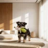 Small dog carrying the Banana Buddy Veggie Pals Crinkle Plush Dog Toy in a bright living room, showing the soft banana plush for indoor play.