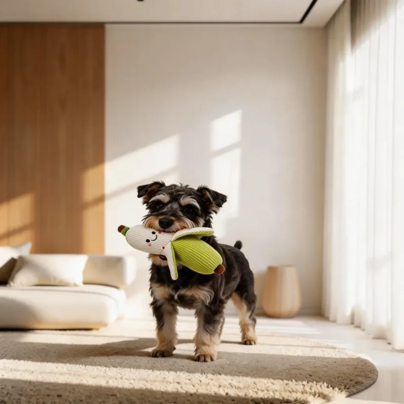 Banana Buddy Veggie Pals Crinkle Plush Dog Toy for Indoor Play Small dog carrying the Banana Buddy Veggie Pals Crinkle Plush Dog Toy in a bright living room, showing the soft banana plush for indoor play.