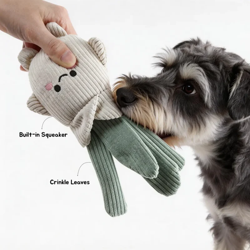 Scallion Pal Veggie Pals Crinkle Plush Dog Toy with Squeaker and Crinkle Leaves Dog biting the Scallion Pal Veggie Pals Crinkle Plush Dog Toy, showing the built-in squeaker and crinkle leaves for interactive play.