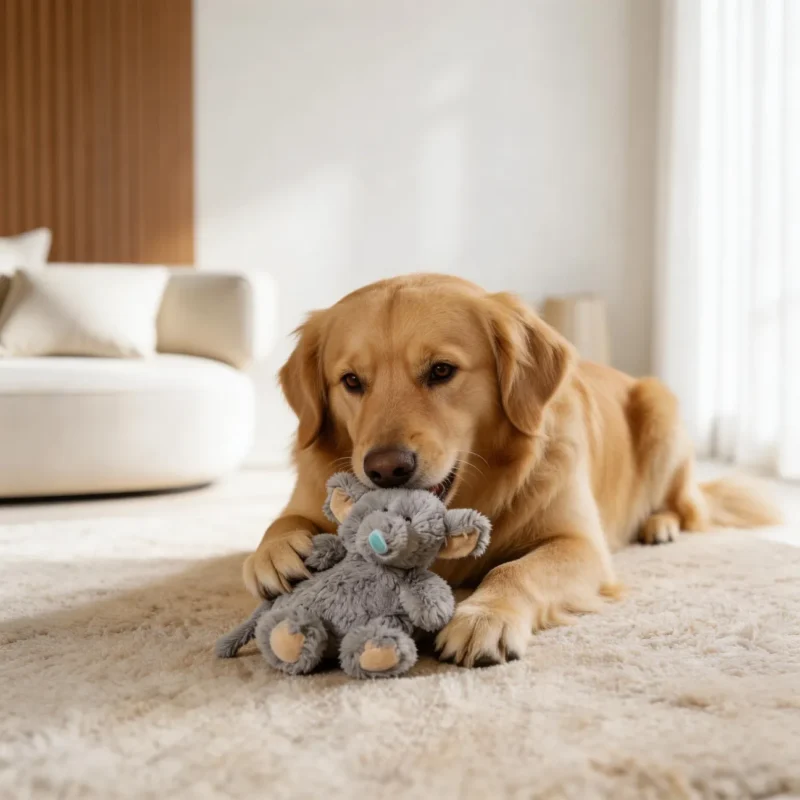 Golden retriever gently playing with the CloudCalm Baby-Soft Elephant Dog Toy on a soft rug, showing the plush elephant as a cozy companion for calm play.