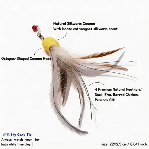 Detail view of Cocoon Octopus Cat Wand Replacement showing natural silkworm cocoon head, premium feathers, and sensory cat enrichment features