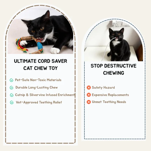 Cord-Saver Silvervine Cat Chew Rope shown as a safer chew toy alternative for cats who bite cords, chew destructively, or need daily teething enrichment.