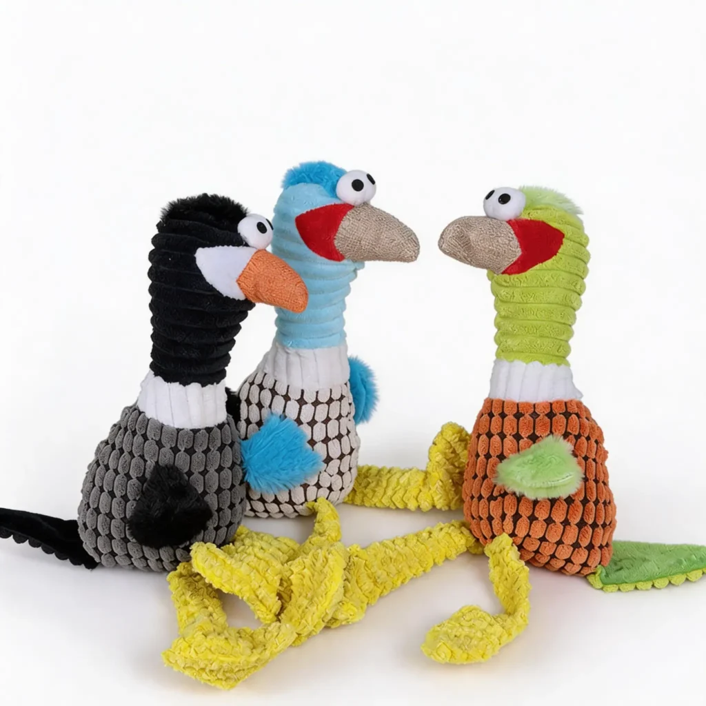Beaky Buddy Long-Neck Squeaky Plush Dog Toy in Sky Breeze, Lush Jungle and Midnight color options