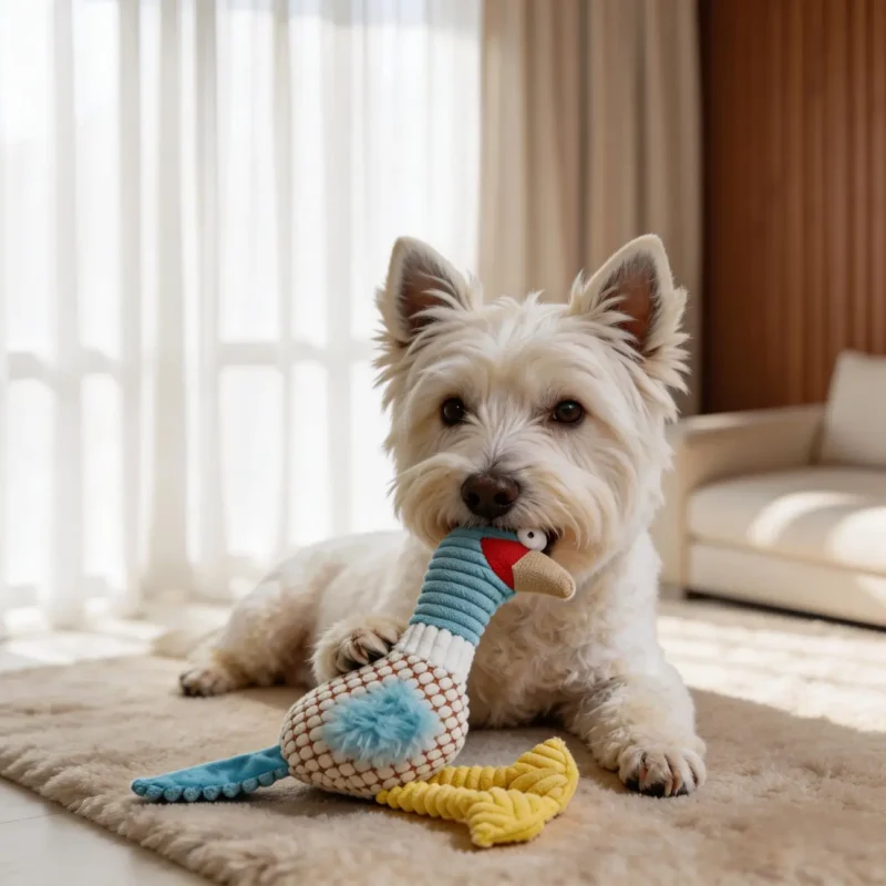 Sky Breeze Beaky Buddy Long Neck Squeaky Plush Dog Toy Indoor Play Small white dog gently chewing the Sky Breeze Beaky Buddy Long-Neck Squeaky Plush Dog Toy indoors