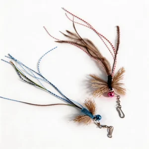 Deer Hair & Peacock Feather Fly Cat Wand Replacement set with blue and black fly refills, feather tails, sparkle strands, jingle bells, and metal clips for interactive cat play.