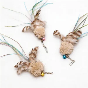 DeerFur Jellyfish Cat Wand Replacement 3 Pack Three DeerFur Jellyfish Cat Wand Replacements with fluffy fur heads, colored bells, feather accents, and dangling tinsel teaser tails.
