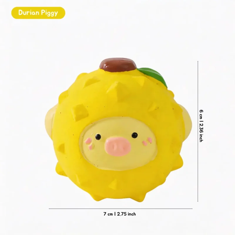 Durian Piggy Fruitie Friends Squeaky Dental Chew Toy for Small Dogs, shown as a yellow durian pig design with raised texture and a 7 x 6 cm size.