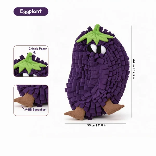 Plum Eggplant VeggiePup Garden Snuffle Foraging Mat with crinkle paper and BB squeaker for calming dog enrichment