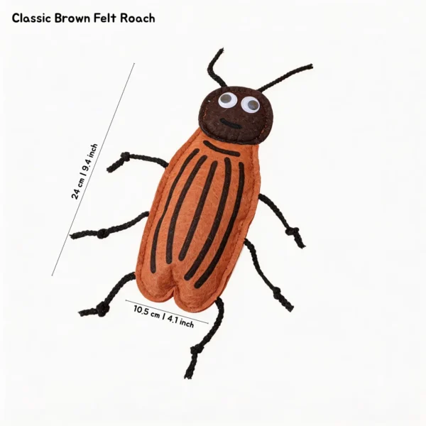 Classic Brown Felt Roach Interactive Cat Chew Toy with soft brown felt body, stitched details, and rope legs.