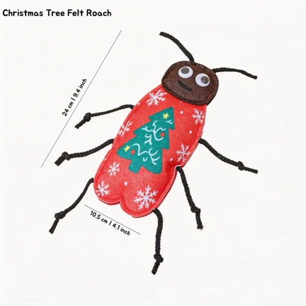 Christmas Tree Felt Roach Interactive Cat Chew Toy with soft felt body, rope legs, and 9.4 inch length.