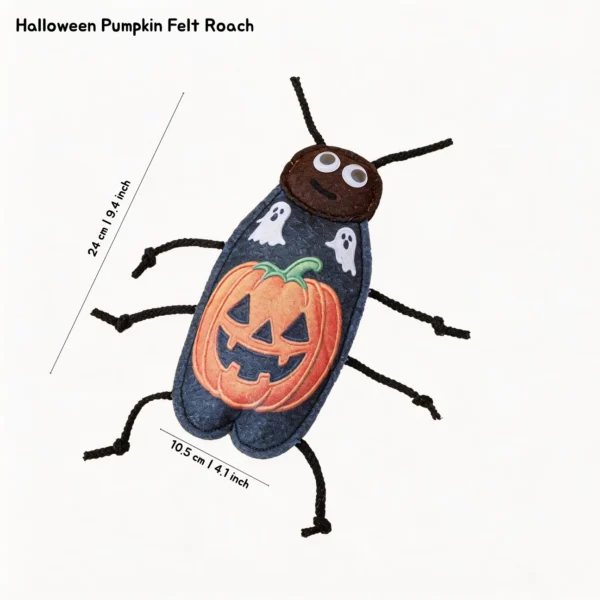 Halloween Pumpkin Felt Roach Interactive Cat Chew Toy with pumpkin ghost design, rope legs, and 9.4 inch length.