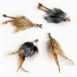 Floofy Fox Fur Cat Wand Replacement with fox fur, hemp rope, natural feather, bell and clip details
