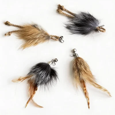 Floofy Fox Fur Cat Wand Replacement 4 Pack Floofy Fox Fur Cat Wand Replacement with fox fur, hemp rope, natural feather, bell and clip details
