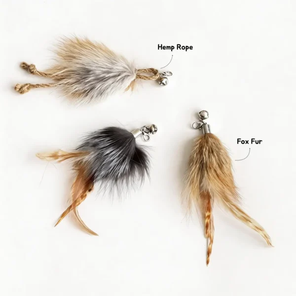 Floofy Fox Fur Cat Wand Replacement collection with honey tan, slate gray, hemp rope and feather styles