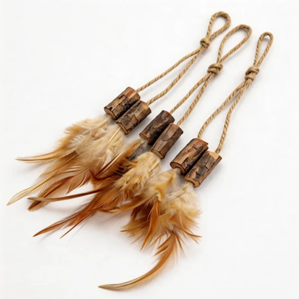 Silvervine Feather Hang and Play Interactive Cat Chew Toy set with natural silvervine wood pieces, hemp rope loops, and soft brown feathers for hanging, chasing, chewing, and batting.
