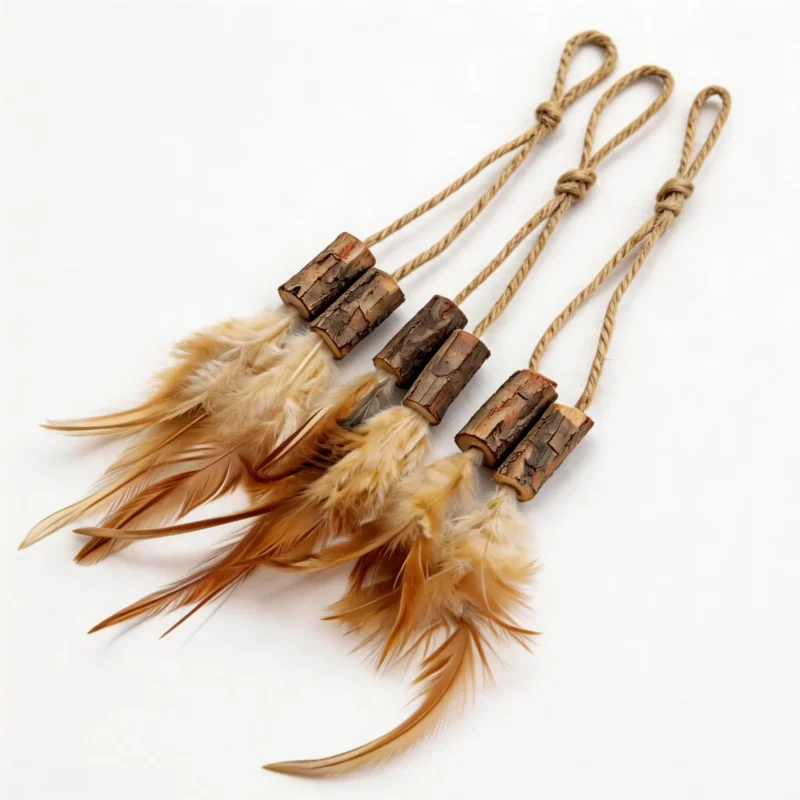 Silvervine Feather Hang and Play Interactive Cat Chew Toy set with natural silvervine wood pieces, hemp rope loops, and soft brown feathers for hanging, chasing, chewing, and batting.