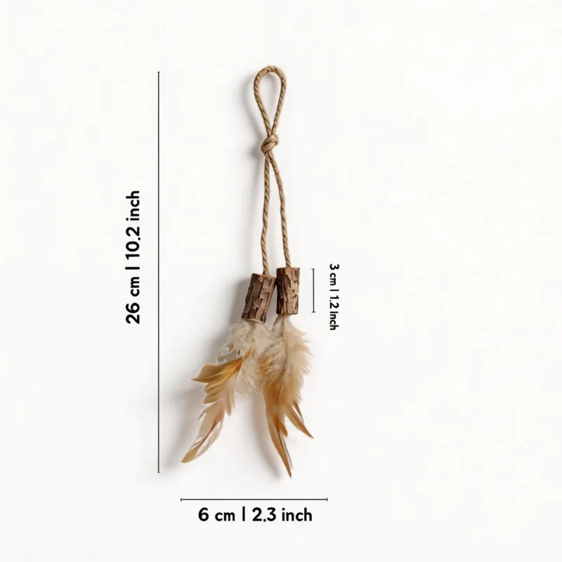 Silvervine Feather Hang and Play Interactive Cat Chew Toy size chart showing a hanging rope loop, two silvervine sticks, natural feathers, 26 cm (10.2 in) length, and 6 cm (2.3 in) width.