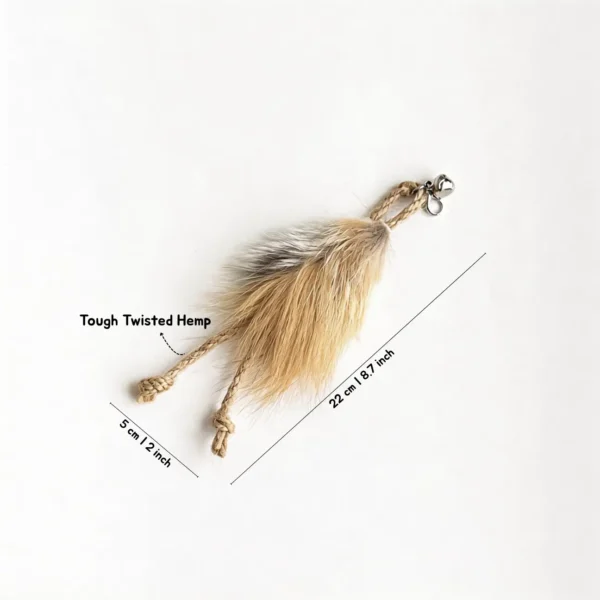 Honey Tan Hemp Rope Floofy Fox Fur Cat Wand Replacement with tan fur, twisted hemp rope legs, metal clip, bell, and 22 cm length.