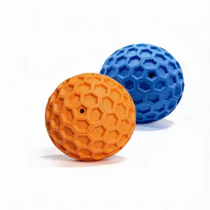 Honeycomb Squeaky Dog Fetch Ball set in blue and orange, showing textured rubber balls with squeaker holes on a white background.