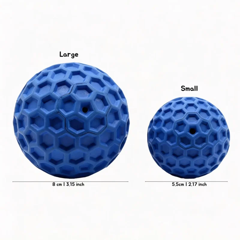 Blue Honeycomb Squeaky Dog Fetch Ball Small and Large Size Chart Blue Honeycomb Squeaky Dog Fetch Ball size chart showing Small and Large options with honeycomb texture and 5.5 cm and 8 cm diameters.