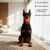 Doberman holding the Honeycomb Squeaky Dog Fetch Ball indoors, with callouts for safe natural rubber, built-in squeaker, dental-care texture, and hassle-free dishwasher cleaning.