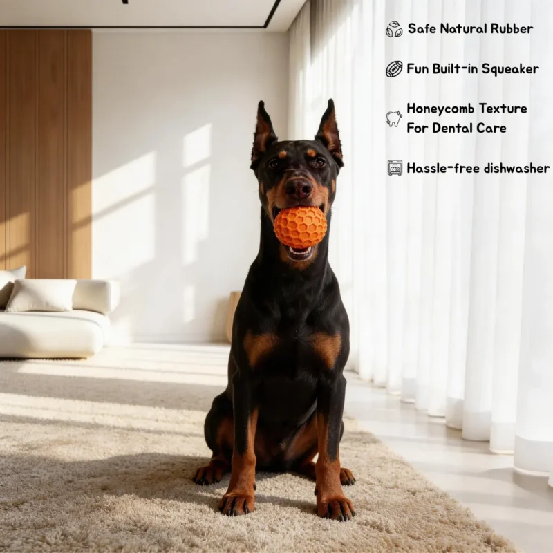 Honeycomb Squeaky Dog Fetch Ball with Natural Rubber and Built-In Squeaker Doberman holding the Honeycomb Squeaky Dog Fetch Ball indoors, with callouts for safe natural rubber, built-in squeaker, dental-care texture, and hassle-free dishwasher cleaning.