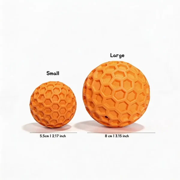 Orange Honeycomb Squeaky Dog Fetch Ball size chart showing Small and Large options with raised honeycomb texture and 5.5 cm and 8 cm diameters.