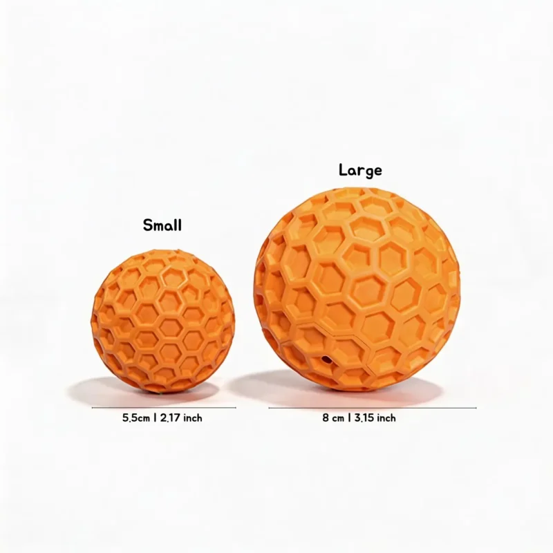 Orange Honeycomb Squeaky Dog Fetch Ball Small and Large Size Chart Orange Honeycomb Squeaky Dog Fetch Ball size chart showing Small and Large options with raised honeycomb texture and 5.5 cm and 8 cm diameters.