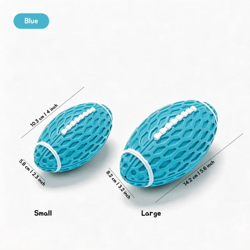 Blue Honeycomb Squeaky Football Dog Toy Small and Large Size Chart Blue Honeycomb Squeaky Football Dog Toy size chart showing Small and Large football chew toys, with honeycomb texture and white lacing details.