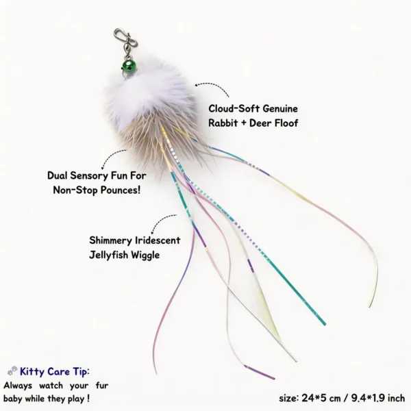 Jellyfish Rabbit and Deer Fur Cat Wand Replacement showing genuine rabbit and deer fur, iridescent tinsel tails, bell clip, and 24 cm size.