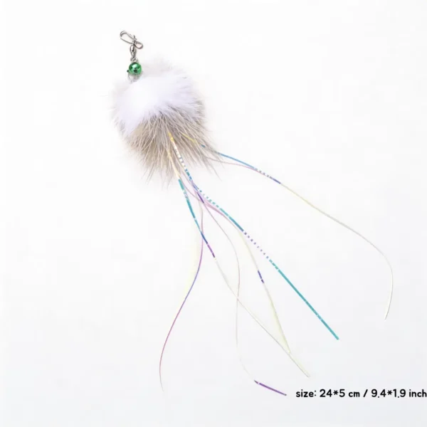 Single Jellyfish Rabbit and Deer Fur Cat Wand Replacement with fluffy natural fur, colorful tinsel streamers, and a small green bell.