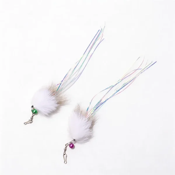 Jellyfish Rabbit and Deer Fur Cat Wand Replacement set with soft fur heads, bells, clips, and shimmering tinsel tails for interactive cat play.