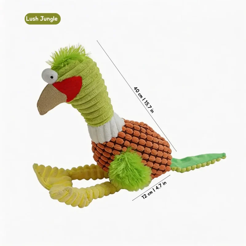 Lush Jungle Beaky Buddy Long-Neck Squeaky Plush Dog Toy Size Lush Jungle Beaky Buddy Long-Neck Squeaky Plush Dog Toy with long neck, soft plush body and size details