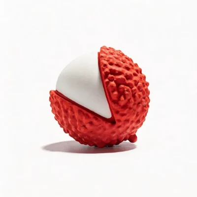 Milky Lychee Squeaky Natural Rubber Dog Chew Toy Main Image Milky Lychee Squeaky Natural Rubber Dog Chew Toy in a red textured lychee shell with a smooth white center on a clean white background.