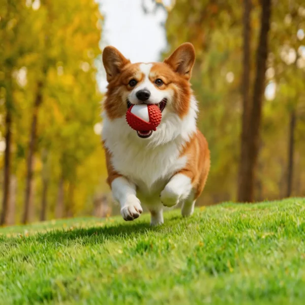 Corgi running outdoors with Milky Lychee Squeaky Natural Rubber Dog Chew Toy for fetch and active play