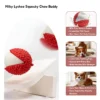 Milky Lychee Squeaky Natural Rubber Dog Chew Toy feature graphic showing milk flavor, squeak, and chew benefits