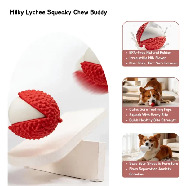 Milky Lychee Squeaky Natural Rubber Dog Chew Toy feature graphic showing milk flavor, squeak, and chew benefits