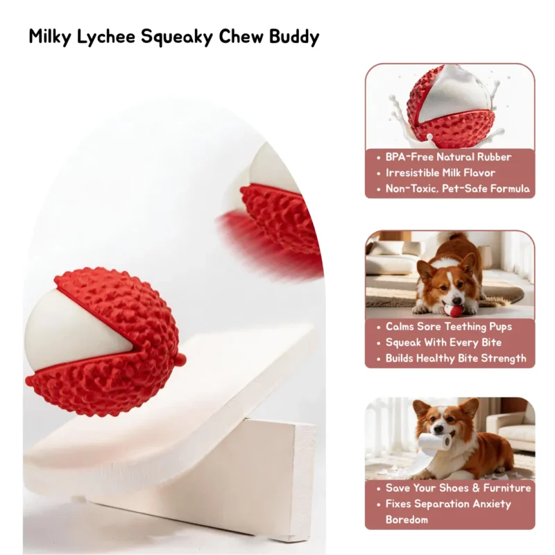Milky Lychee Squeaky Chew Buddy Feature Guide Milky Lychee Squeaky Natural Rubber Dog Chew Toy feature graphic showing milk flavor, squeak, and chew benefits