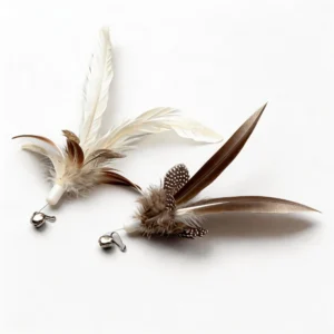 Natural Unbleached Feather Cat Wand Replacement set with Ivory Cream and Chocolate Spotted feather refills for sensory indoor cat play.