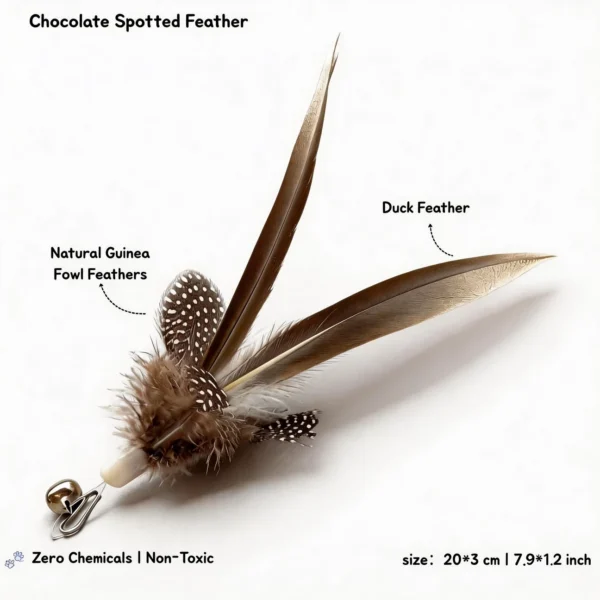 Chocolate Spotted Feather cat wand replacement with natural guinea fowl and duck feathers for bird-like interactive cat play.