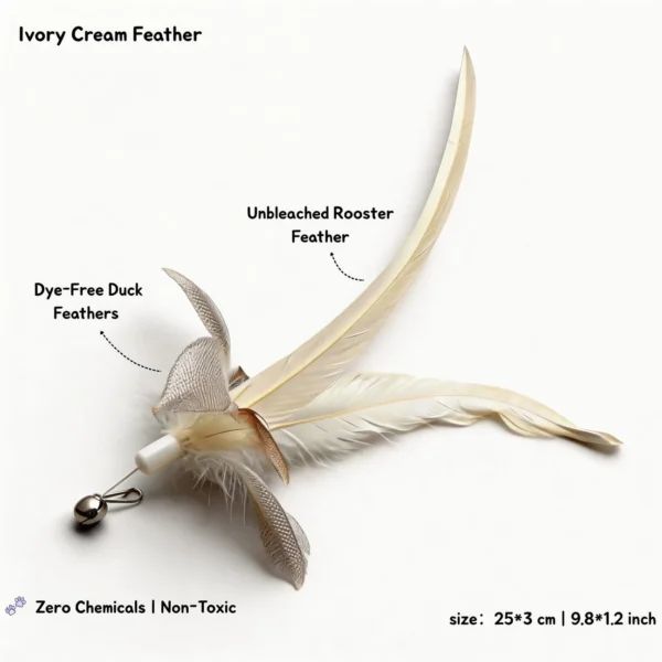 Ivory Cream Feather cat wand replacement made with dye-free duck and unbleached rooster feathers, 25 cm long.