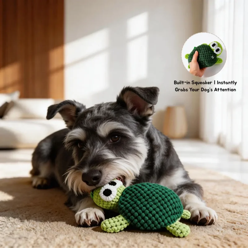 Small dog chewing the Turtle Ocean Pals Textured Plush Dog Toy with built-in squeaker for indoor play.