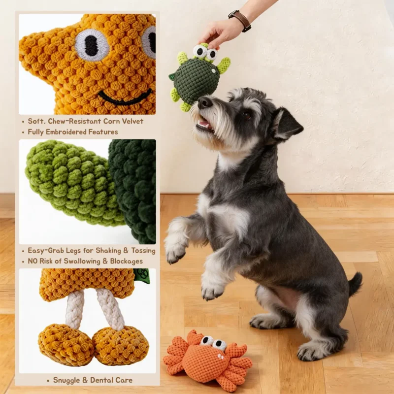 Ocean Pals Textured Plush Dog Toys detail view showing soft textured plush, embroidered face and easy-grab legs.