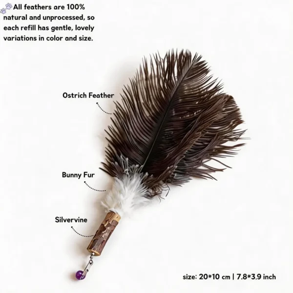 Ostrich Cloud Feather Wild Feather and Silvervine Cat Wand Replacement with fluffy natural ostrich feather, bunny fur, and silvervine for indoor cats.
